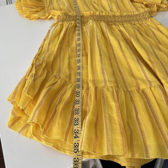 Saylor Adrianne Yellow Metallic Stripe Smocked V-Neck Mini Dress Size M - Picture 8 of 13